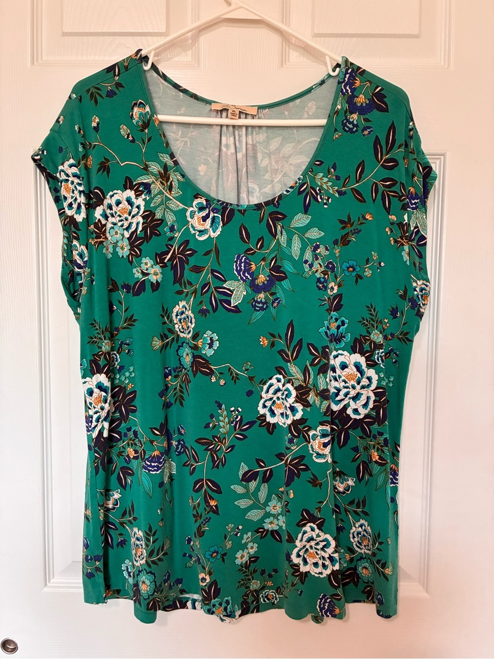 Les Serein Top Blouse Teal Floral Scoop Neck Cap Sleeve Stretch Rayon Sz XL